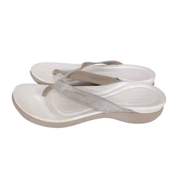Crocs Capri V Flip Flops White Shimmer Cream Thong Sandals Womens 9 Resort - Picture 3 of 7